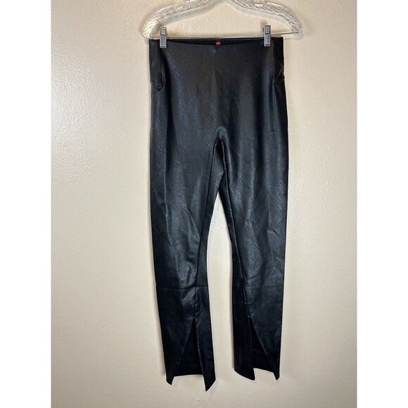 Spanx M Black Faux Leather Pants Slit Split Ankle Straight Leg Modern 90s Boot - Picture 1 of 4